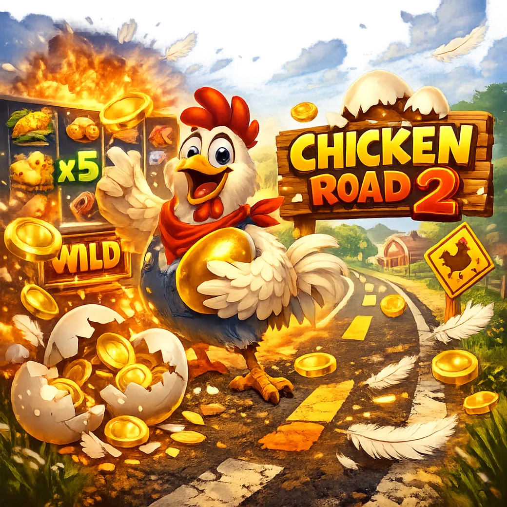 Dynamic promotional image featuring a funny chicken and road lanes with floating coins and bright arcade energy